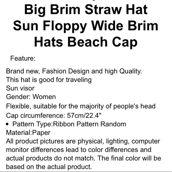 Wide Brim Straw Cap Beach Hats Floppy Straw hat - Picture 5 of 5